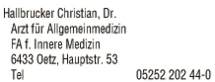 Print-Anzeige von: Hallbrucker, Christian, Dr.med., Ärzte \ Fachärzte f Innere Medizin