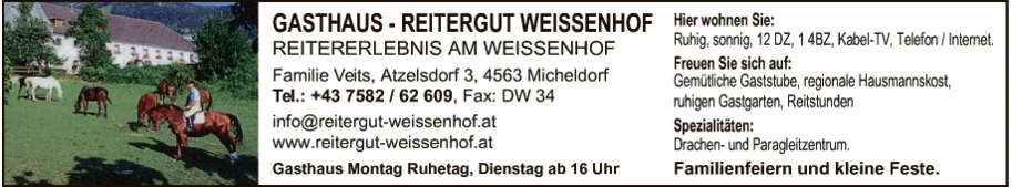 Print-Anzeige von: Reitergut Weißenhof, Gasthaus