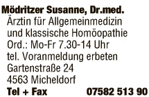 Print-Anzeige von: Mödritzer, Susanne, Dr.med., FA Für Allgemeinmedizin