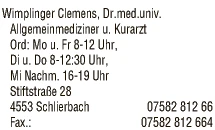 Print-Anzeige von: Wimplinger, Clemens, Dr.med.univ., Ärzte \ f Allgemeinmedizin