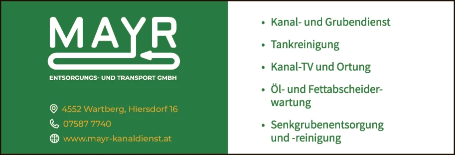 Print-Anzeige von: Mayr Entsorgungs- und Transport Gmb Kanal-und Grubendienst, Transportunternehmen