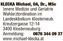 Print-Anzeige von: Klecka, Michael, Dr, FA f. Innere Medizin