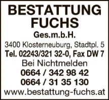 Print-Anzeige von: Fuchs Josef u Wilhelm GesmbH, Bestattungsunternehmen