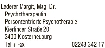 Print-Anzeige von: Lederer, Margit, Dr.Mag., Psychotherapeutin Print-Anzeige von: Lederer, Margit, Dr.Mag., Psychotherapeutin