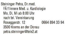 Print-Anzeige von: Steininger, Petra, Dr., FA f. Innere Medizin und Kardiologie