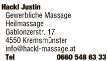 Print-Anzeige von: Hackl, Justin, Massage
