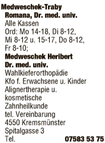 Print-Anzeige von: Medweschek-Traby, Romana, u. Heribert Dr., Dr., FÄ f. Zahn- Mund- u. Kieferheilkunde