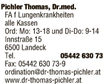 Print-Anzeige von: Pichler, Thomas, Dr. med., FA für Lungenkrankheiten Print-Anzeige von: Pichler, Thomas, Dr. med., FA für Lungenkrankheiten