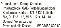 Print-Anzeige von: Krempl, Christian, Dr., FA f Zahn-, Mund- u Kieferheilkunde