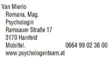 Print-Anzeige von: Van Mierlo, Romana, Mag., Psychologin Print-Anzeige von: Van Mierlo, Romana, Mag., Psychologin