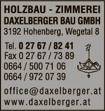 Print-Anzeige von: Holzbau Zimmerei Daxelberger Bau GmbH, Zimmereien