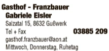 Print-Anzeige von: Gasthof Franzbauer, Gasthof Print-Anzeige von: Gasthof Franzbauer, Gasthof