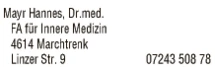 Print-Anzeige von: Mayr, Hannes, Dr., FA für Innere Medizin