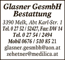 Print-Anzeige von: Glasner Andrea GesmbH, Bestattung Print-Anzeige von: Glasner Andrea GesmbH, Bestattung