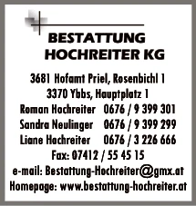 Print-Anzeige von: Bestattung Hochreiter KG
