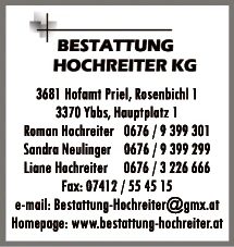 Print-Anzeige von: Bestattung Hochreiter KG Print-Anzeige von: Bestattung Hochreiter KG