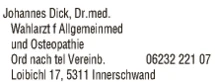 Print-Anzeige von: Dick, Johannes, Dr., Arzt f Allgemeinmedizin
