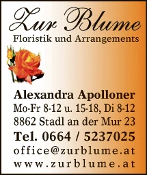 Print-Anzeige von: Apolloner, Alexandra, Zur Blume, Blumen