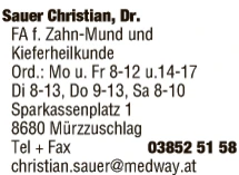 Print-Anzeige von: Sauer, Christian, Dr.med., FA f Zahn-, Mund- u Kieferheilkunde