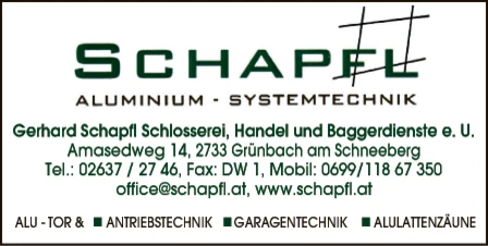 Print-Anzeige von: Gerhard Schapfl Schlosserei, Handel und Baggerdienste e. U.