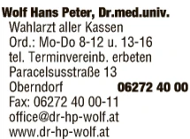 Print-Anzeige von: Wolf, Hans Peter, Dr. med. univ., FA f Zahn-, Mund- u Kieferheilkunde