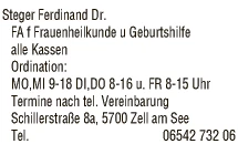 Print-Anzeige von: Steger, Ferdinand, Dr., FA f Frauenheilkunde