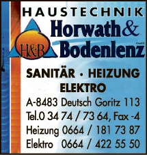 Print-Anzeige von: Horwath & Bodenlenz Elektrotechnik, Sanitär, Bäder, Heizung GesmbH Print-Anzeige von: Horwath & Bodenlenz Elektrotechnik, Sanitär, Bäder, Heizung GesmbH