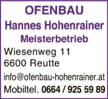 Print-Anzeige von: Hohenrainer, Hannes, Hafnermeister