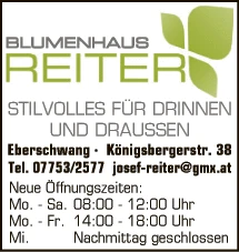 Print-Anzeige von: Blumenhaus Reiter GmbH, Garten- u Landschaftsgestaltung