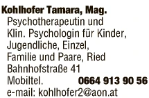 Print-Anzeige von: Kohlhofer, Tamara, Mag., Psychotherapeutin