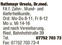 Print-Anzeige von: Rathmayr, Ursula, Dr., FA f. Zahn-, Mund- u. Kieferheilkunde