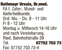 Print-Anzeige von: Rathmayr, Ursula, Dr., FA f. Zahn-, Mund- u. Kieferheilkunde