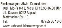 Print-Anzeige von: Dr.med.dent. Alwin Bleckenwegner, Zahnarzt