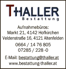 Print-Anzeige von: Bestattung Thaller, Bestattungunternehmen