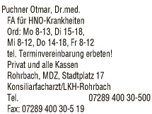 Print-Anzeige von: Puchner, Otmar, Dr., FA f HNO-Krankheiten