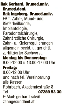 Print-Anzeige von: Rak Gerhard, DDr. und Rak Ingeborg Dr., Zahnarzt