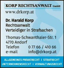 Print-Anzeige von: Korp Rechtsanwalts GmbH, Rechtsanwälte Print-Anzeige von: Korp Rechtsanwalts GmbH, Rechtsanwälte
