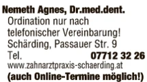 Print-Anzeige von: Nemeth, Agnes, Dr.med.dent., Zahnarztpraxis Schärding
