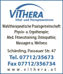 Print-Anzeige von: Vithera: Vital- u. Therapiezentrum, Physio, Ergo, Osteopathie, Massagen Print-Anzeige von: Vithera: Vital- u. Therapiezentrum, Physio, Ergo, Osteopathie, Massagen