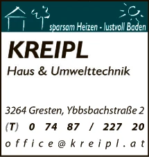 Print-Anzeige von: Kreipl GesmbH, Gas-Wasser-Heizung, Ölfeuerungen