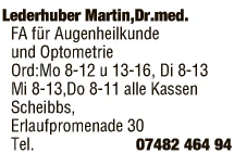 Print-Anzeige von: Lederhuber, Martin, Dr.med., FA für Augenheilkunde