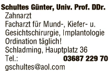 Print-Anzeige von: Schultes, Günter, Univ. Prof. DDr., Facharzt für Zahn-, Mund- u. Kieferheilkunde