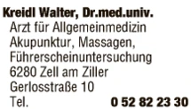 Print-Anzeige von: Kreidl, Walter jun, Dr. med. univ., Arzt f Allgemeinmedizin