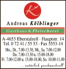 Print-Anzeige von: Kölblinger, Andreas, Gasthaus & Fleischerei