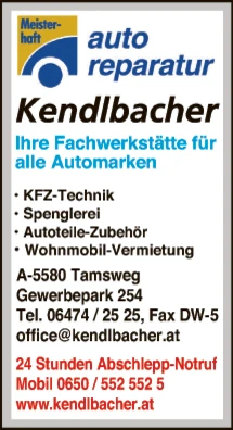 Print-Anzeige von: Kendlbacher KFZ Technik GmbH Print-Anzeige von: Kendlbacher KFZ Technik GmbH