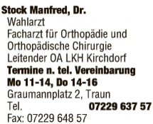 Print-Anzeige von: Stock, Manfred, Dr., FA f Orthopädie u Orthopädische Chirurgie