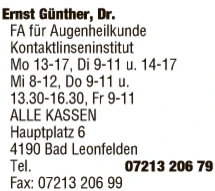 Print-Anzeige von: Ernst, Günther, Dr., FA für Augenheilkunde