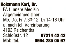 Print-Anzeige von: Holzmann, Karl, Dr. med., FA für Innere Medizin Print-Anzeige von: Holzmann, Karl, Dr. med., FA für Innere Medizin