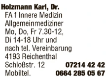 Print-Anzeige von: Holzmann, Karl, Dr. med., FA für Innere Medizin