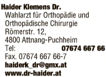Print-Anzeige von: Haider, Klemens, Dr., FA f Orthopädie u Orthopädische Chirurgie